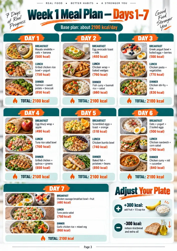 Sample page showing the first seven days of the meal plan
